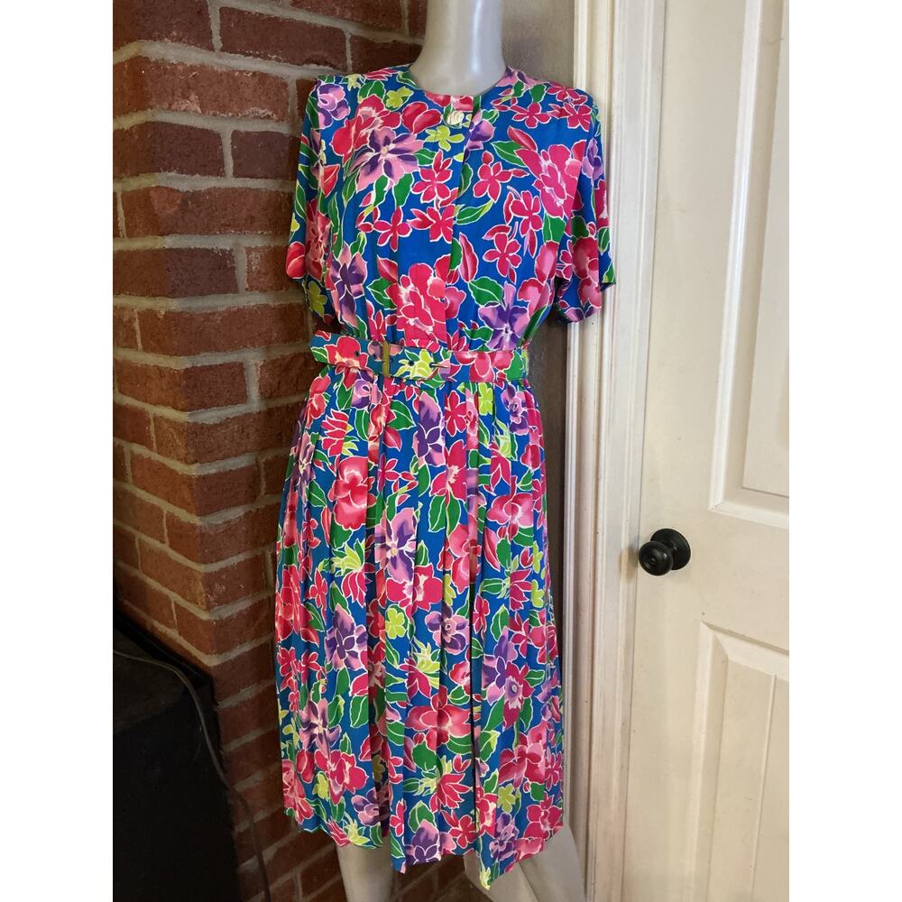 Vintage 80s Floral Dress Belted Bright Tropical Midi Retro Cottagecore 6
